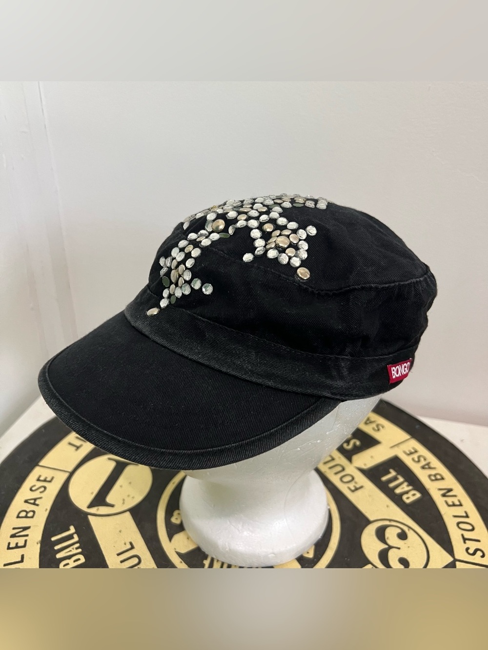 Vintage Y2K Bongo Faded Black Studded Bling Cross Cadet Canvas Hat Cap Women